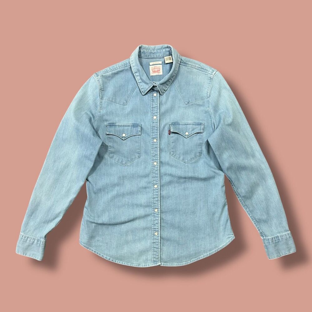 Levis Denim Shirt Pearl Snap Western Cowboy Long Sleeve Blue Jean Tailored Fit